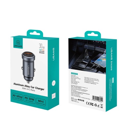 USAMS - 30W USB-A & USB-C Aluminum Alloy Car Charger - CC322 - Grey