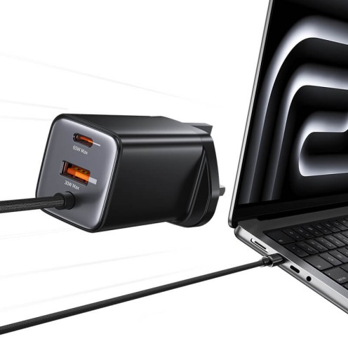 USAMS - ACC Series - 65W GaN Fast Charger - 3-Port USB-C & USB-A with Type-C Cable - CC280 - UK Plug - Black