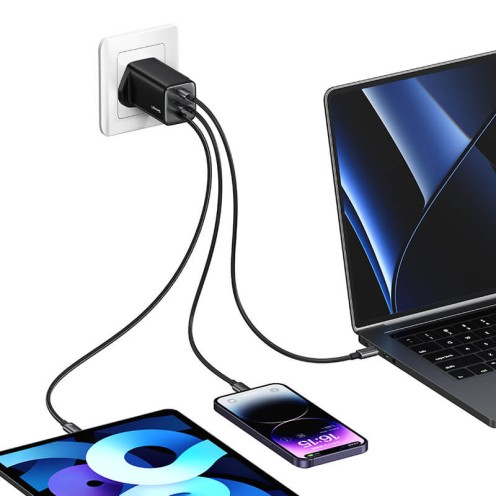 USAMS - ACC Series - 65W GaN Fast Charger - 3-Port USB-C & USB-A with Type-C Cable - CC280 - UK Plug - Black