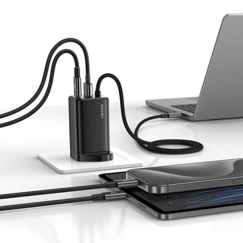 USAMS - ACC Series - 65W GaN Fast Charger - 3-Port USB-C & USB-A with Type-C Cable - CC280 - UK Plug - Black