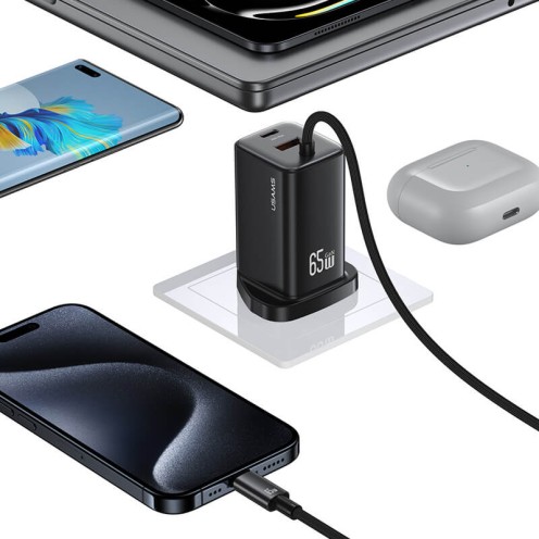 USAMS - ACC Series - 65W GaN Fast Charger - 3-Port USB-C & USB-A with Type-C Cable - CC280 - UK Plug - Black
