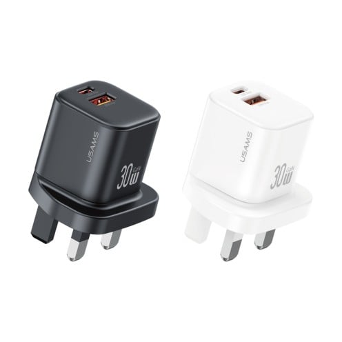 USAMS - JC Series - 30W GaN Mini Fast Charger - USB-C + USB-A Dual Ports - CC277 - UK Plug - White