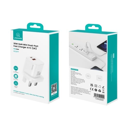 USAMS - JC Series - 30W GaN Mini Fast Charger - USB-C + USB-A Dual Ports - CC277 - UK Plug - White