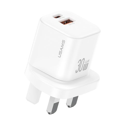 USAMS - JC Series - 30W GaN Mini Fast Charger - USB-C + USB-A Dual Ports - CC277 - UK Plug - White