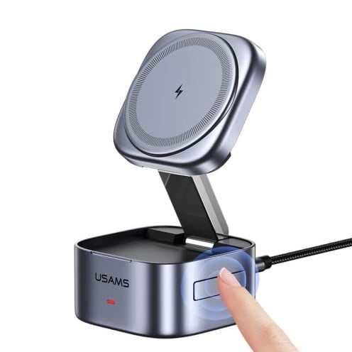 USAMS - 3-in-1 Qi2.0 Wireless Charger - Magnetic Charging Stand - CD257 - Grey USAMS - 3-in-1 Qi2.0 Wireless Charger - Magnetic Charging Stand - CD257 - Grey