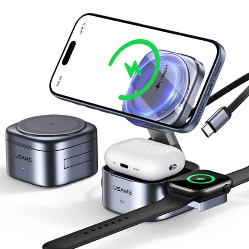 USAMS - 3-in-1 Qi2.0 Wireless Charger - Magnetic Charging Stand - CD257 - Grey USAMS - 3-in-1 Qi2.0 Wireless Charger - Magnetic Charging Stand - CD257 - Grey