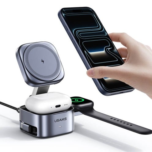 USAMS - 3-in-1 Qi2.0 Wireless Charger - Magnetic Charging Stand - CD257 - Grey USAMS - 3-in-1 Qi2.0 Wireless Charger - Magnetic Charging Stand - CD257 - Grey