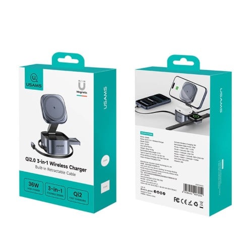 USAMS - 3-in-1 Qi2.0 Wireless Charger - Magnetic Charging Stand - CD257 - Grey USAMS - 3-in-1 Qi2.0 Wireless Charger - Magnetic Charging Stand - CD257 - Grey