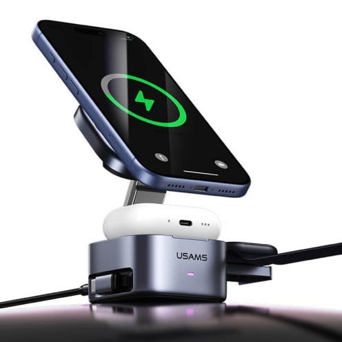 USAMS - 3-in-1 Qi2.0 Wireless Charger - Magnetic Charging Stand - CD257 - Grey USAMS - 3-in-1 Qi2.0 Wireless Charger - Magnetic Charging Stand - CD257 - Grey