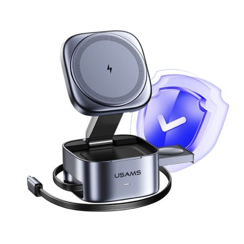 USAMS - 3-in-1 Qi2.0 Wireless Charger - Magnetic Charging Stand - CD257 - Grey USAMS - 3-in-1 Qi2.0 Wireless Charger - Magnetic Charging Stand - CD257 - Grey