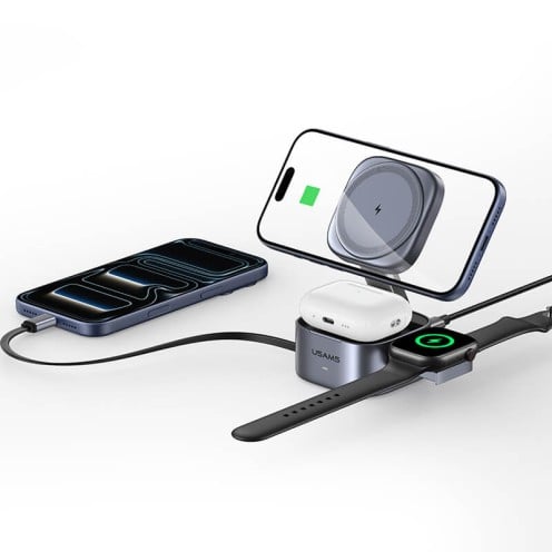 USAMS - 3-in-1 Qi2.0 Wireless Charger - Magnetic Charging Stand - CD257 - Grey USAMS - 3-in-1 Qi2.0 Wireless Charger - Magnetic Charging Stand - CD257 - Grey