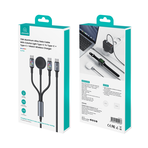 USAMS - Huan Series 72W Aluminium Alloy Type-C to Type-C Multi-Charger Cable + Watch Wireless Charger - SJ754 - Grey