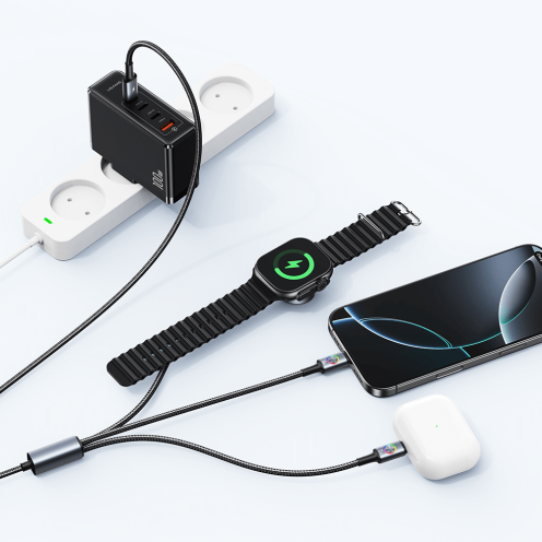 USAMS - Huan Series 72W Aluminium Alloy Type-C to Type-C Multi-Charger Cable + Watch Wireless Charger - SJ754 - Grey