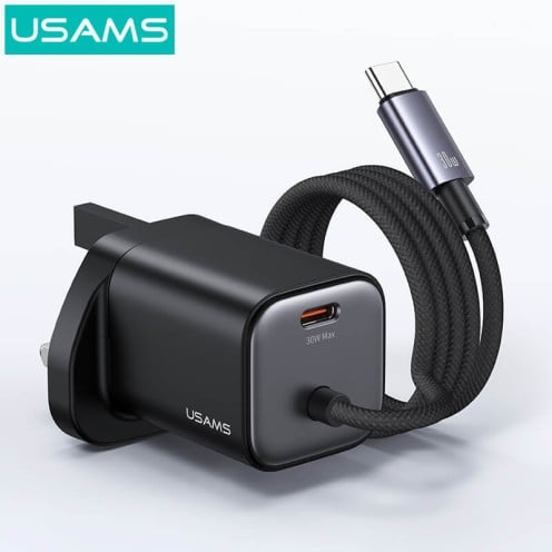 USAMS - JC Series - 30W GaN Mini Fast Charger - Dual USB-C - USB-C Cable - CC278 - UK Plug - Black USAMS - JC Series - 30W GaN Mini Fast Charger - Dual USB-C - USB-C Cable - CC278 - UK Plug - Black