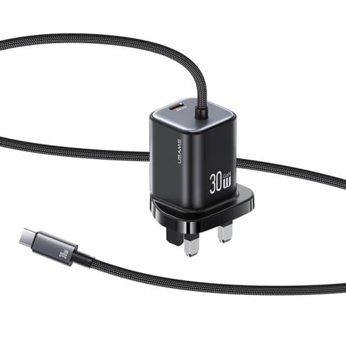 USAMS - JC Series - 30W GaN Mini Fast Charger - Dual USB-C - USB-C Cable - CC278 - UK Plug - Black USAMS - JC Series - 30W GaN Mini Fast Charger - Dual USB-C - USB-C Cable - CC278 - UK Plug - Black