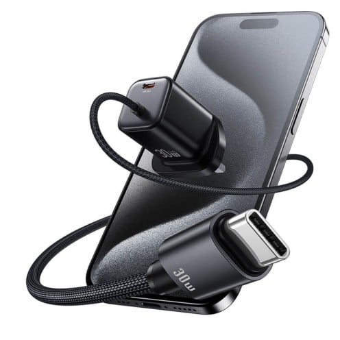 USAMS - JC Series - 30W GaN Mini Fast Charger - Dual USB-C - USB-C Cable - CC278 - UK Plug - Black USAMS - JC Series - 30W GaN Mini Fast Charger - Dual USB-C - USB-C Cable - CC278 - UK Plug - Black