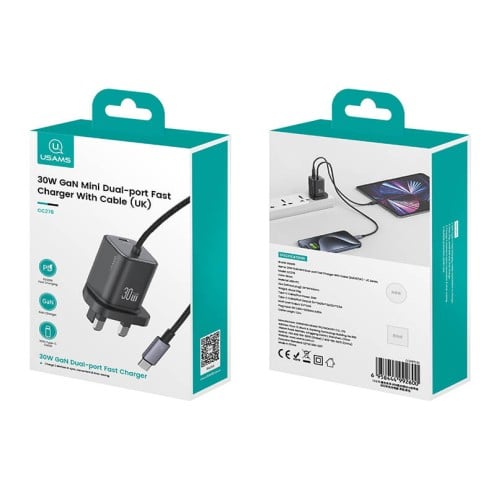 USAMS - JC Series - 30W GaN Mini Fast Charger - Dual USB-C - USB-C Cable - CC278 - UK Plug - Black USAMS - JC Series - 30W GaN Mini Fast Charger - Dual USB-C - USB-C Cable - CC278 - UK Plug - Black