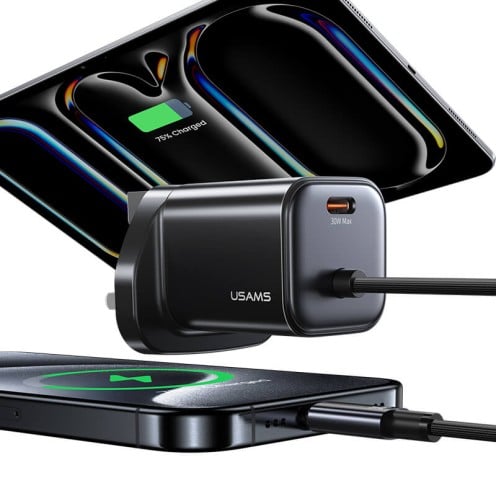 USAMS - JC Series - 30W GaN Mini Fast Charger - Dual USB-C - USB-C Cable - CC278 - UK Plug - Black USAMS - JC Series - 30W GaN Mini Fast Charger - Dual USB-C - USB-C Cable - CC278 - UK Plug - Black