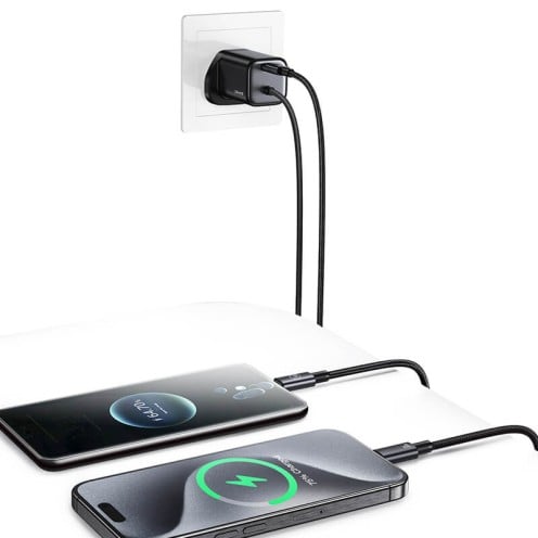 USAMS - JC Series - 30W GaN Mini Fast Charger - Dual USB-C - USB-C Cable - CC278 - UK Plug - Black USAMS - JC Series - 30W GaN Mini Fast Charger - Dual USB-C - USB-C Cable - CC278 - UK Plug - Black