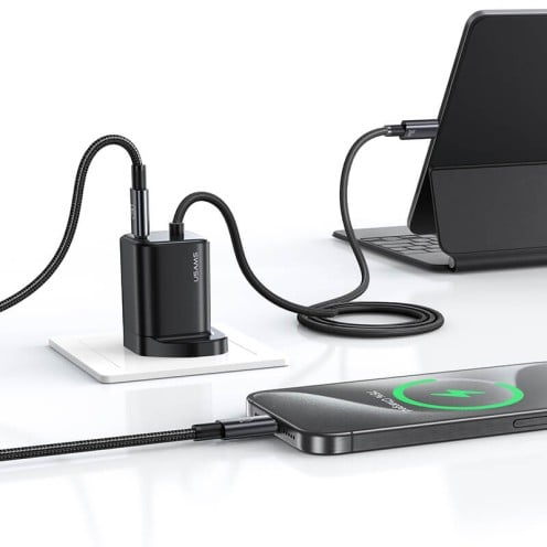 USAMS - JC Series - 30W GaN Mini Fast Charger - Dual USB-C - USB-C Cable - CC278 - UK Plug - Black USAMS - JC Series - 30W GaN Mini Fast Charger - Dual USB-C - USB-C Cable - CC278 - UK Plug - Black