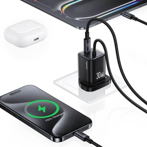 USAMS - JC Series - 30W GaN Mini Fast Charger - Dual USB-C - USB-C Cable - CC278 - UK Plug - Black USAMS - JC Series - 30W GaN Mini Fast Charger - Dual USB-C - USB-C Cable - CC278 - UK Plug - Black