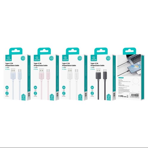 USAMS - KY Series - Type-C to USB - 3A Striped Charging & Data Cable 2m - US-SJ693 - White USAMS - KY Series - Type-C to USB - 3A Striped Charging & Data Cable 2m - US-SJ693 - White