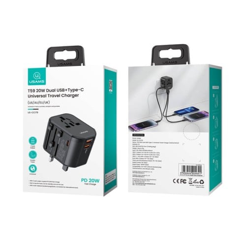 USAMS - T59 Series - 20W Dual USB & Type-C Universal Travel Charger (UK / EU / US / AU) - US-CC179 - Black USAMS - T59 Series - 20W Dual USB & Type-C Universal Travel Charger (UK / EU / US / AU) - US-CC179 - Black