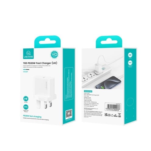 USAMS - T65 Series - 20W USB-C Fast Charger (PD / PPS) - CC227 - UK Plug - White