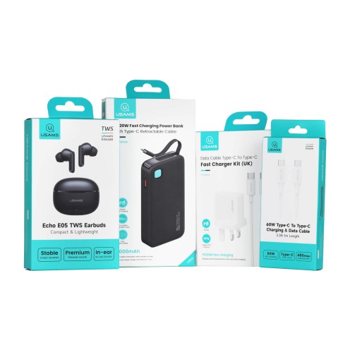 USAMS - Tech Bundle - Includes Wireless Headphones - PD20w  10,000 mAh Power Bank - 20w UK Plug & Cable Kit - 60w USB C to C