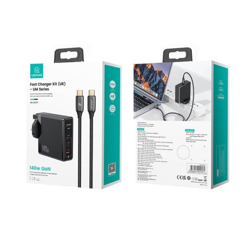 USAMS - UM Series - 140W GaN Fast Charger & 240W Type-C to Type-C PD3.1 Cable Kit - US-CC171 / US-SJ581 - UK Plug - Black USAMS - UM Series - 140W GaN Fast Charger & 240W Type-C to Type-C PD3.1 Cable Kit - US-CC171 / US-SJ581 - UK Plug - Black