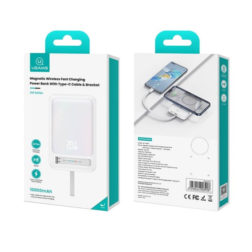 USAMS - XM Series - Magnetic Wireless Fast Charging Power Bank with Type-C Cable & Bracket - 10000mAh - US-CD219 - Pink USAMS - XM Series - Magnetic Wireless Fast Charging Power Bank with Type-C Cable & Bracket - 10000mAh - US-CD219 - Pink