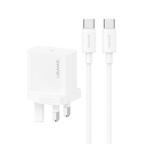 USAMS - Yi Series - PD20W Fast Charger Kit - USB-C Charger + USB-C to USB-C - 60W 1m Cable Included - CC227 + SJ711 - UK Plug - 1m - White USAMS - Yi Series - PD20W Fast Charger Kit - USB-C Charger + USB-C to USB-C - 60W 1m Cable Included - CC227 + SJ711 - UK Plug - 1m - White