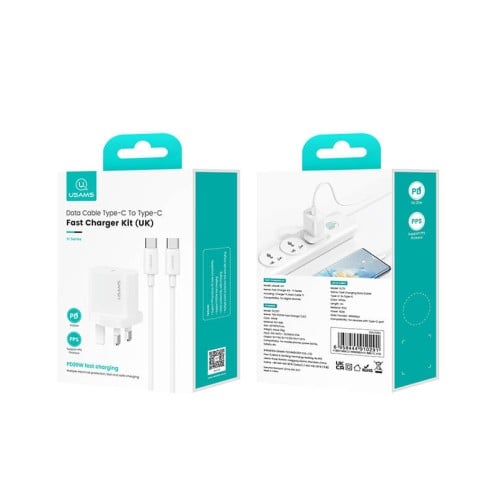 USAMS - Yi Series - PD20W Fast Charger Kit - USB-C Charger + USB-C to USB-C - 60W 1m Cable Included - CC227 + SJ711 - UK Plug - 1m - White USAMS - Yi Series - PD20W Fast Charger Kit - USB-C Charger + USB-C to USB-C - 60W 1m Cable Included - CC227 + SJ711 - UK Plug - 1m - White