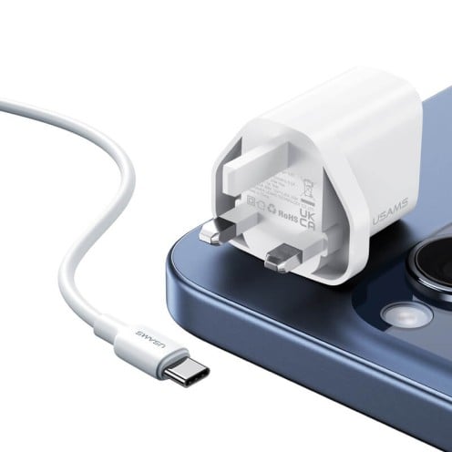 USAMS - Yi Series - PD20W Fast Charger Kit - USB-C Charger + USB-C to USB-C - 60W 1m Cable Included - CC227 + SJ711 - UK Plug - 1m - White USAMS - Yi Series - PD20W Fast Charger Kit - USB-C Charger + USB-C to USB-C - 60W 1m Cable Included - CC227 + SJ711 - UK Plug - 1m - White