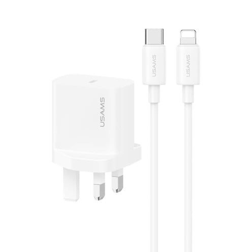 USAMS - Yi Series - PD20W Fast Charger Kit - USB-C Charger + USB-C to Lightning - 30W 1m Cable Included - CC227 + SJ712 - UK Plug - 1m - White