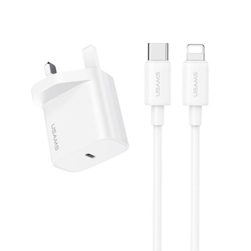 USAMS - Yi Series - PD20W Fast Charger Kit - USB-C Charger + USB-C to Lightning - 30W 1m Cable Included - CC227 + SJ712 - UK Plug - 1m - White