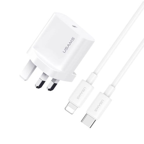 USAMS - Yi Series - PD20W Fast Charger Kit - USB-C Charger + USB-C to Lightning - 30W 1m Cable Included - CC227 + SJ712 - UK Plug - 1m - White