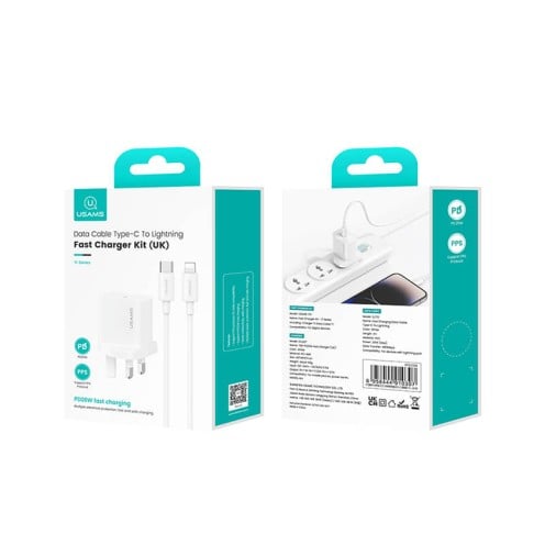 USAMS - Yi Series - PD20W Fast Charger Kit - USB-C Charger + USB-C to Lightning - 30W 1m Cable Included - CC227 + SJ712 - UK Plug - 1m - White