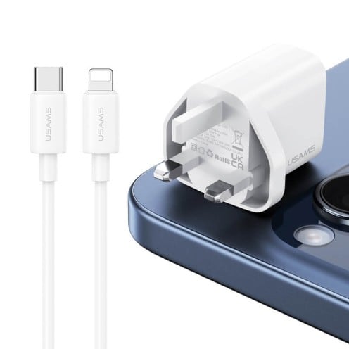 USAMS - Yi Series - PD20W Fast Charger Kit - USB-C Charger + USB-C to Lightning - 30W 1m Cable Included - CC227 + SJ712 - UK Plug - 1m - White