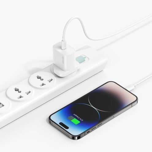 USAMS - Yi Series - PD20W Fast Charger Kit - USB-C Charger + USB-C to Lightning - 30W 1m Cable Included - CC227 + SJ712 - UK Plug - 1m - White