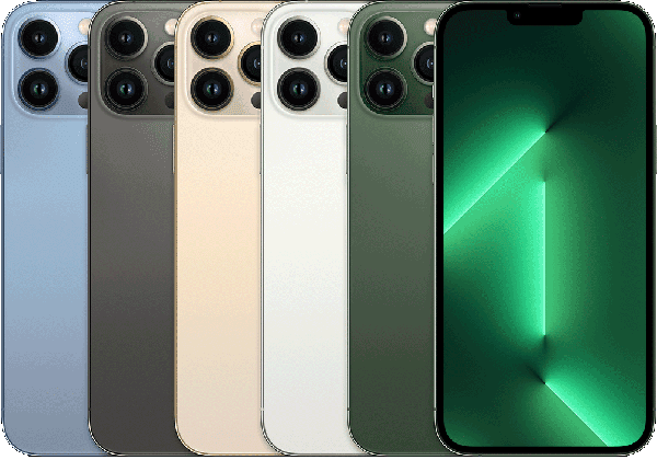 iPhone 13 Pro Max in Graphite, Gold, Silver, Sierra Blue and Alpine Green