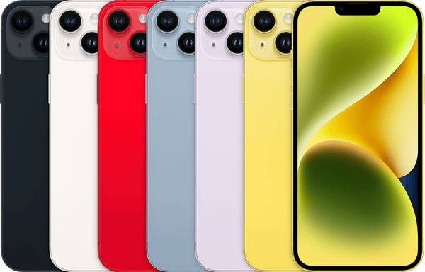 iPhone 14 Plus in Midnight, Starlight, Red, Blue, Purple and Yellow