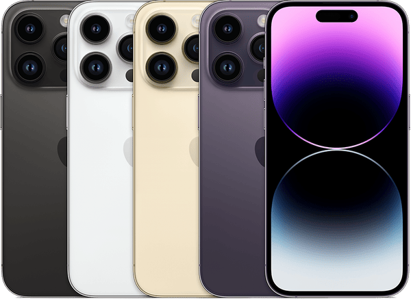 iPhone 14 Pro in Silver, Gold, Space Black and Deep Purple