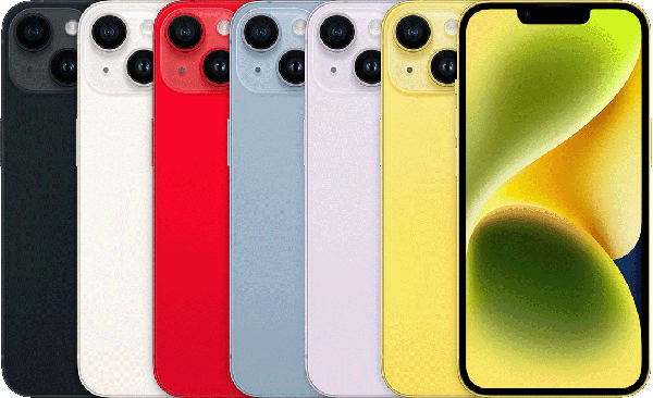 iPhone 14 in Midnight, Starlight, Red, Blue, Purple and Yellow