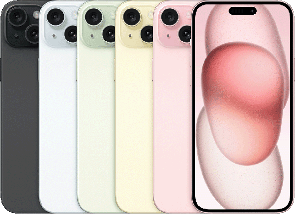 iPhone 15 Plus in Black, Blue, Green, Yellow and Pink