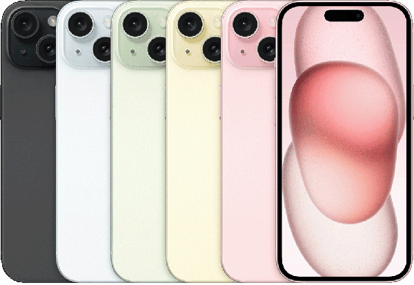 iPhone 15 in Black, Blue, Green, Yellow and Pink