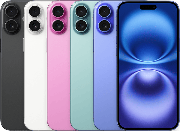 iPhone 16 Plus in Black, White, Pink, Teal and Ultramarine