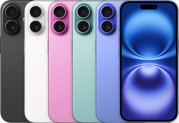 iPhone 16 in Black, White, Pink, Teal and Ultramarine